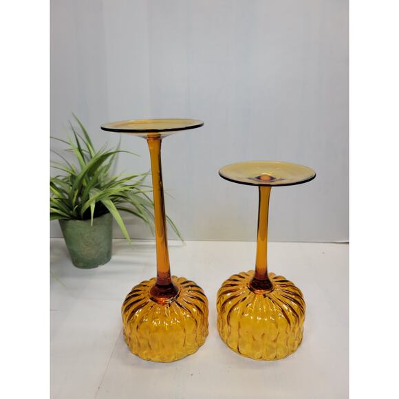 2 Vintage Amber Ribbed Stemmed Candy Dishes, Hand Blown Decor Centerpiece MCM - Picture 4 of 4